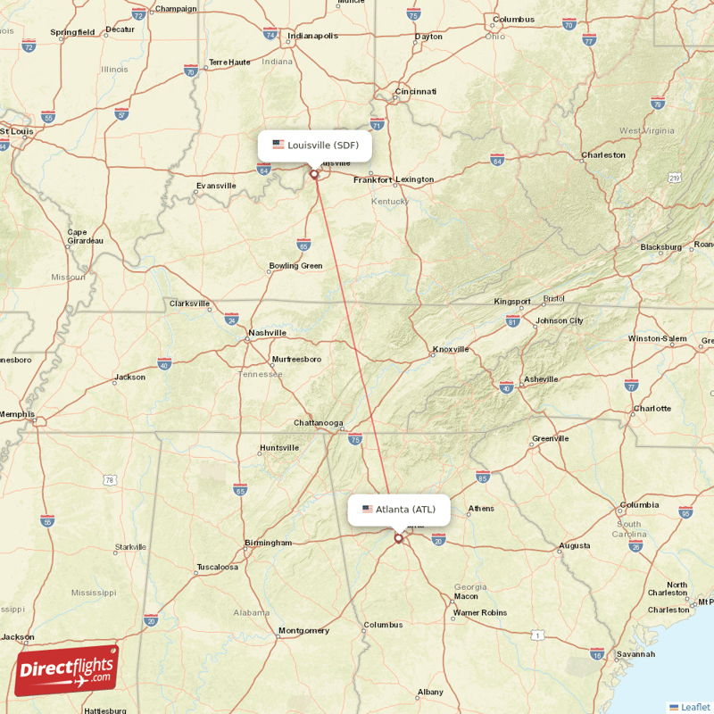 Louisville - Atlanta direct flight map