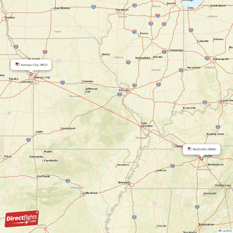 Kansas City - Nashville direct flight map