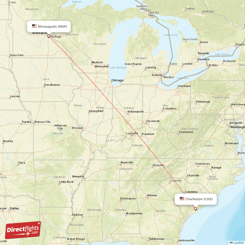 Minneapolis - Charleston direct flight map
