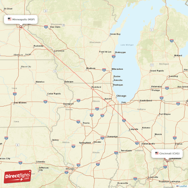 Minneapolis - Cincinnati direct flight map