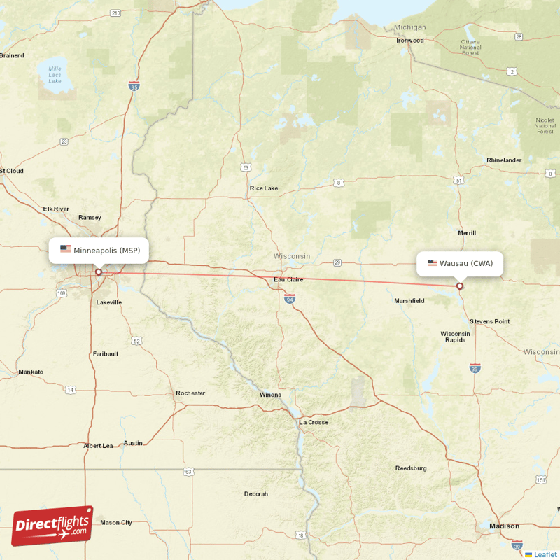 Minneapolis - Wausau direct flight map