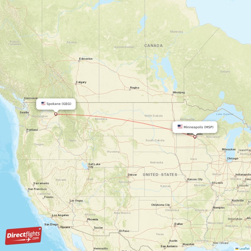 Minneapolis - Spokane direct flight map