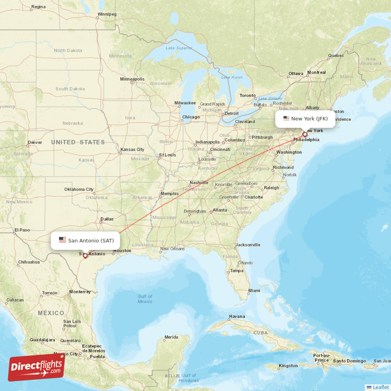 New York - San Antonio direct flight map
