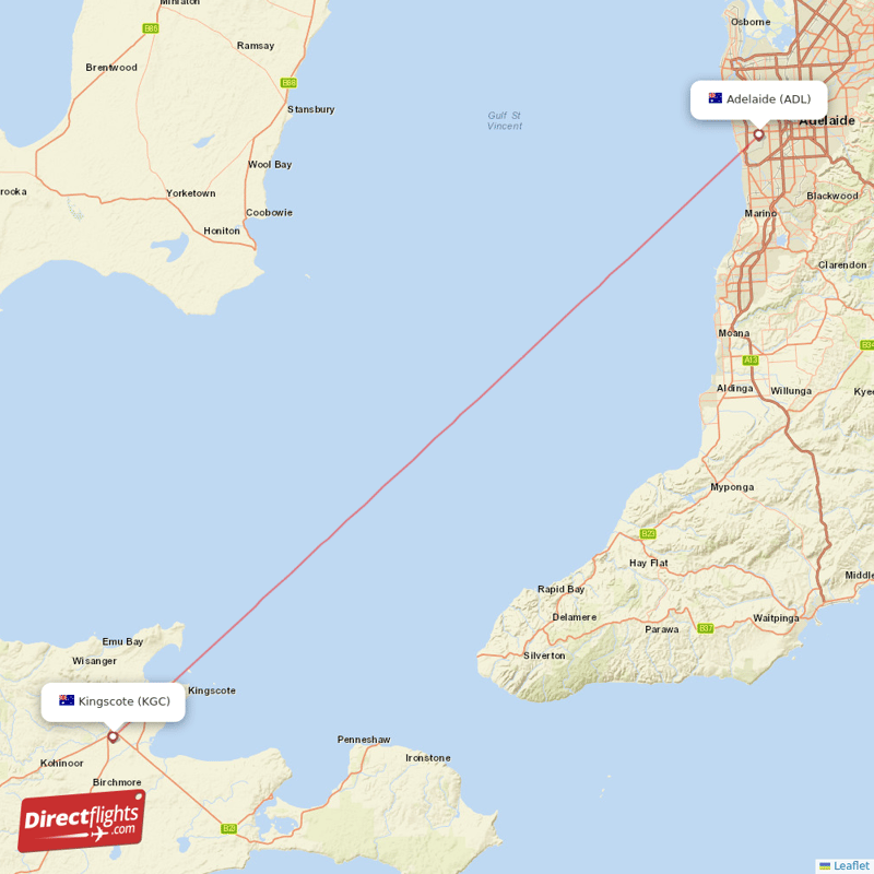 Kingscote - Adelaide direct flight map