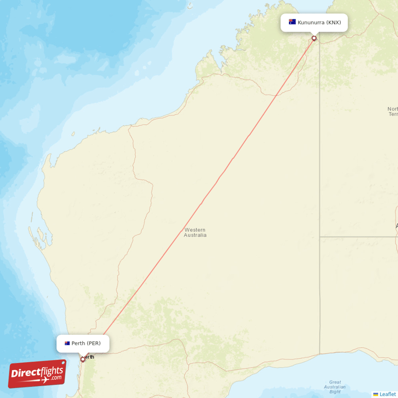 Kununurra - Perth direct flight map
