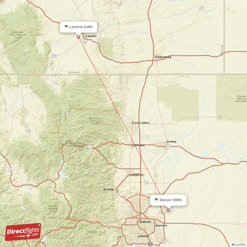 Laramie - Denver direct flight map