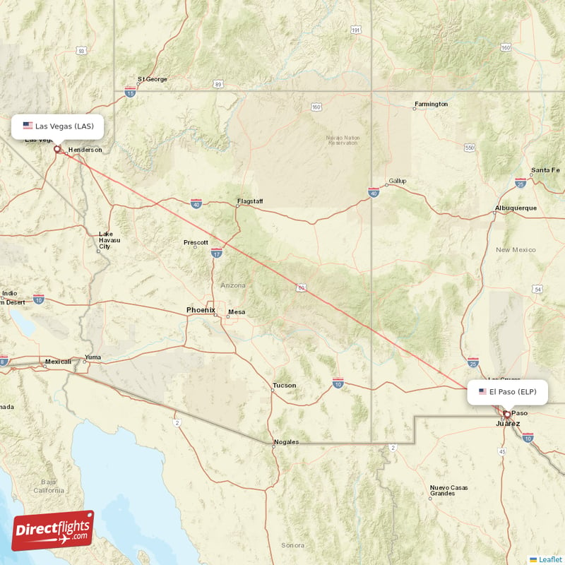 Las Vegas - El Paso direct flight map