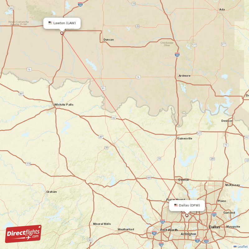 Lawton - Dallas direct flight map