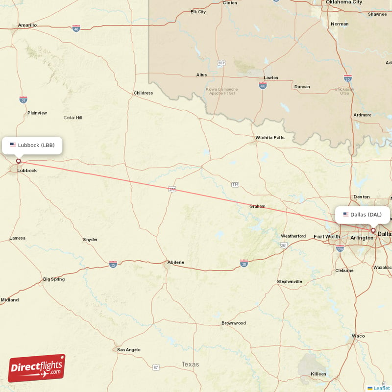 Lubbock - Dallas direct flight map