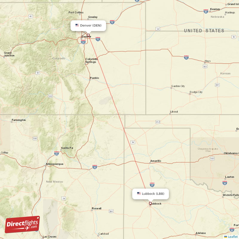 Lubbock - Denver direct flight map