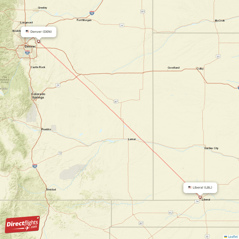 Liberal - Denver direct flight map