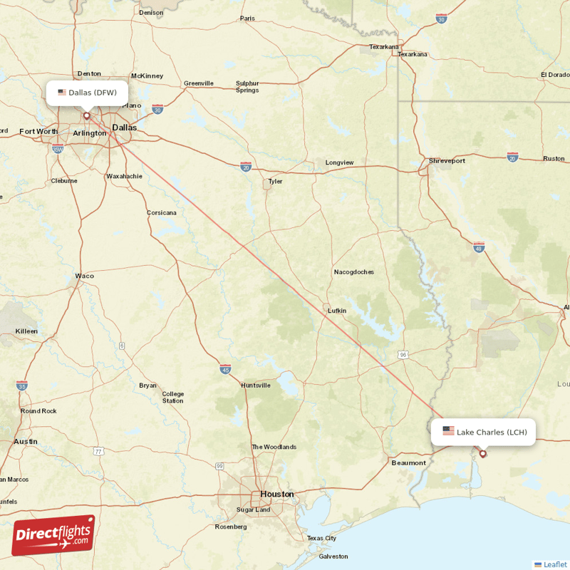 LCH - DFW route map