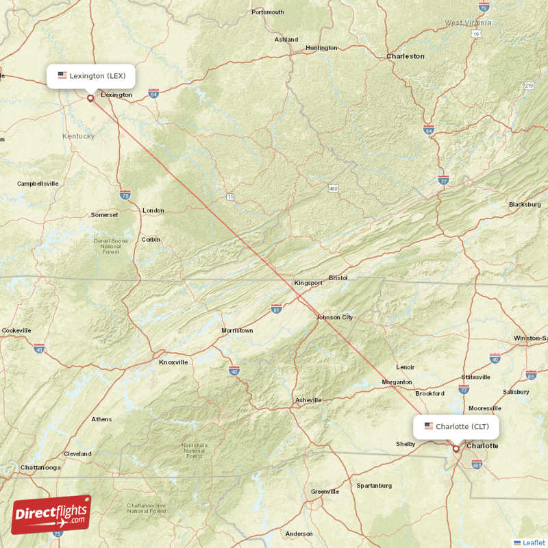 Lexington - Charlotte direct flight map
