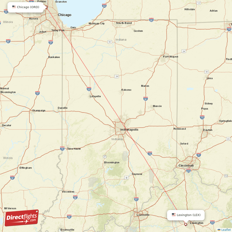 Lexington - Chicago direct flight map