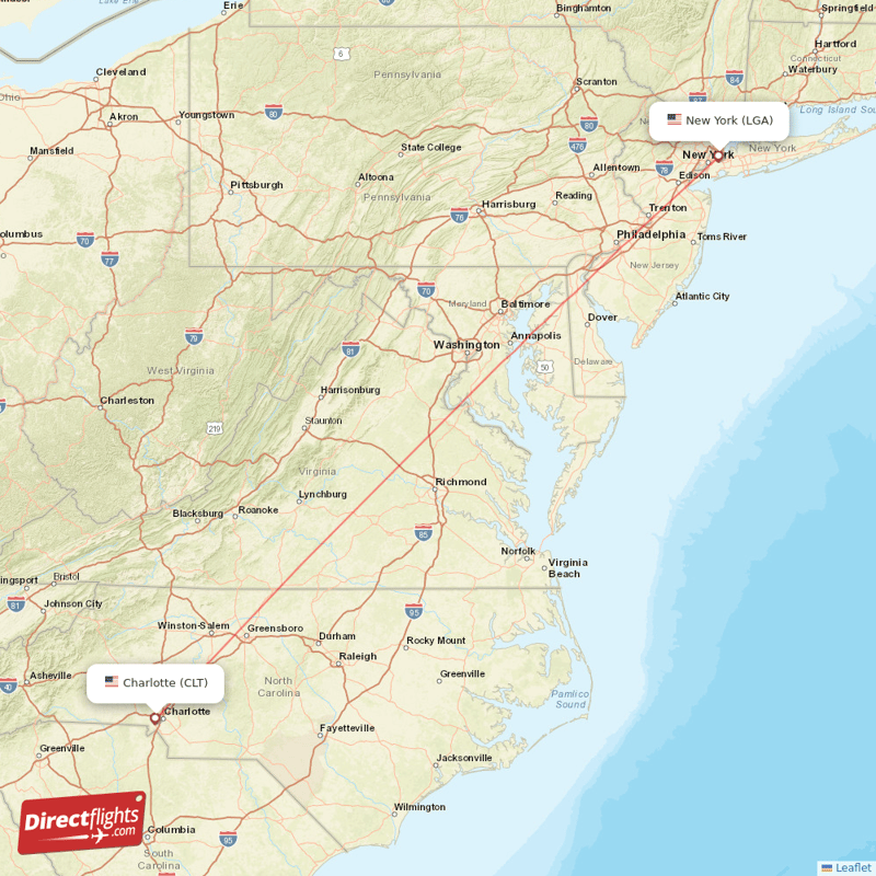 New York - Charlotte direct flight map