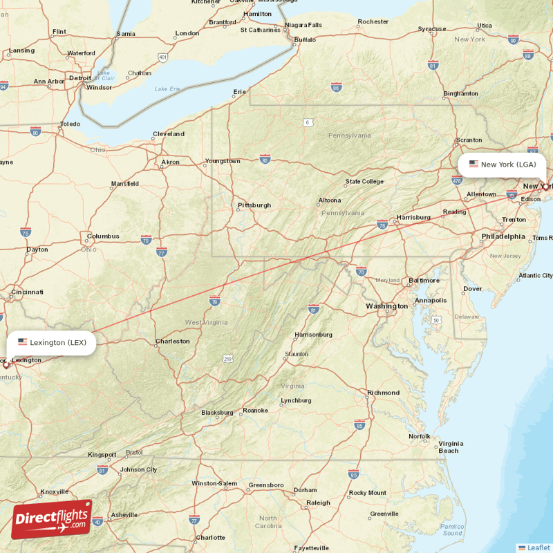 New York - Lexington direct flight map