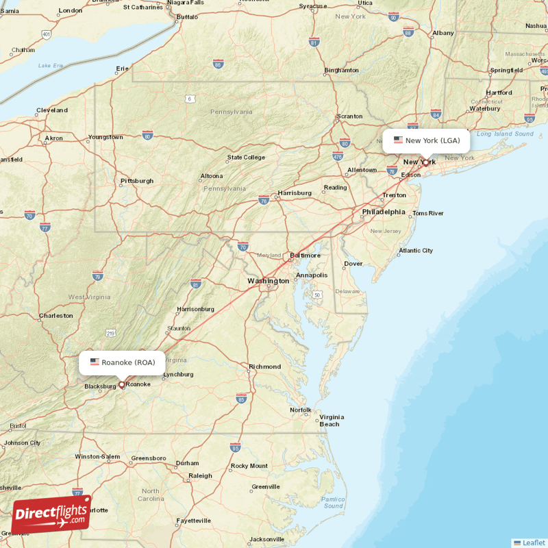 New York - Roanoke direct flight map