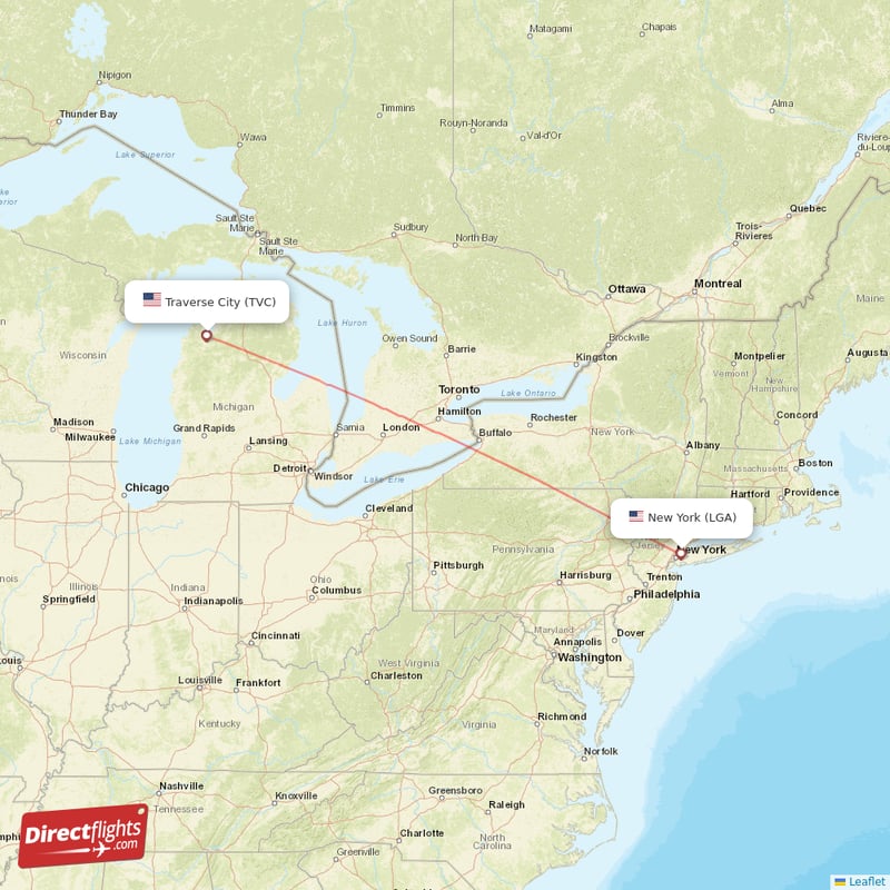 New York - Traverse City direct flight map