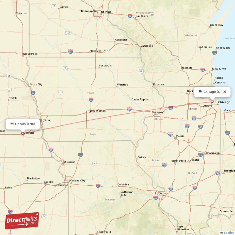 LNK - ORD route map
