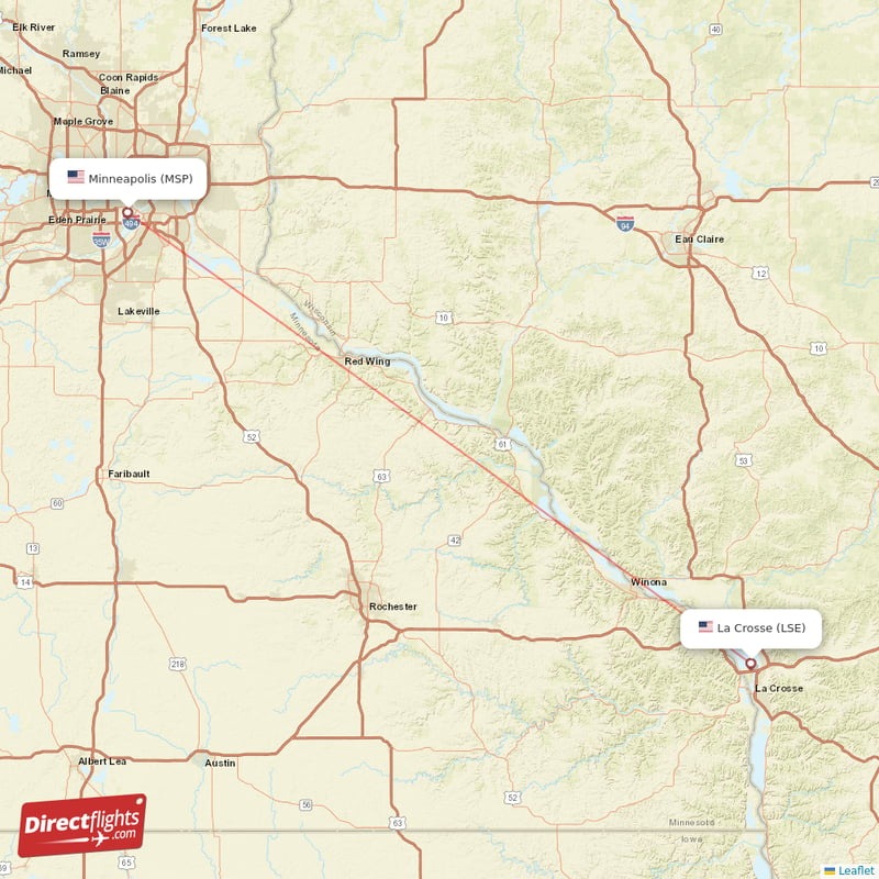 La Crosse - Minneapolis direct flight map