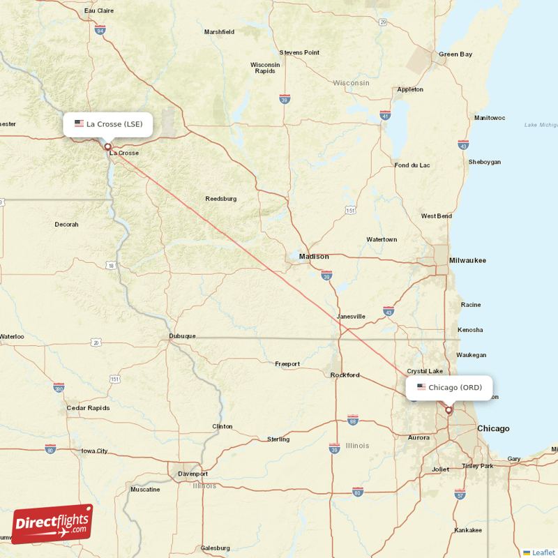 La Crosse - Chicago direct flight map