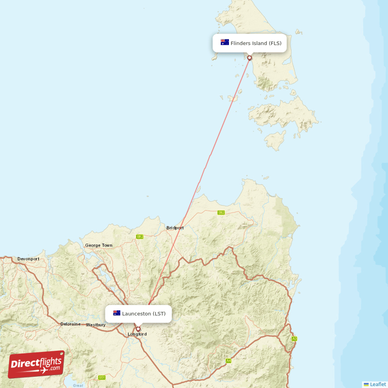 Launceston - Flinders Island direct flight map