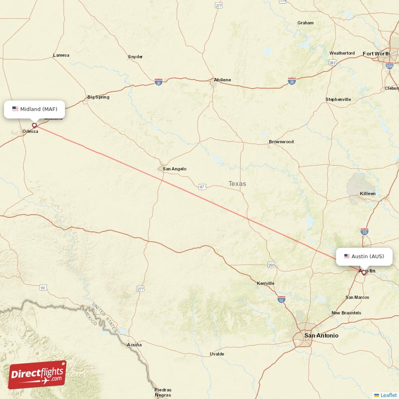 Midland - Austin direct flight map