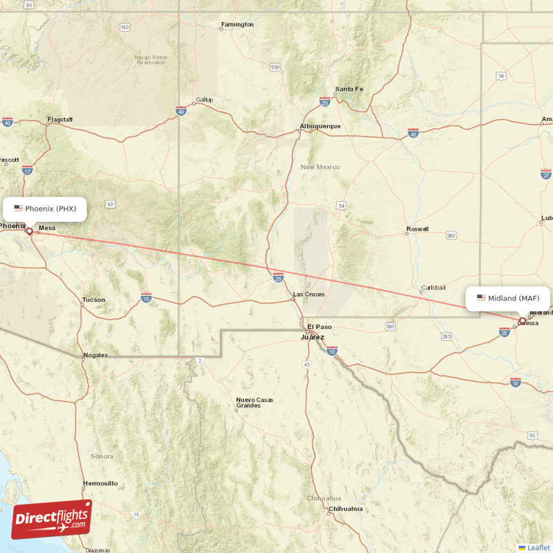 Midland - Phoenix direct flight map