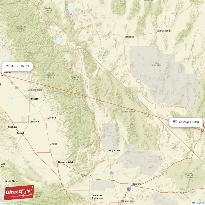 Merced - Las Vegas direct flight map