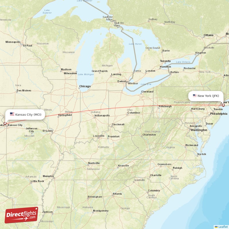 Kansas City - New York direct flight map