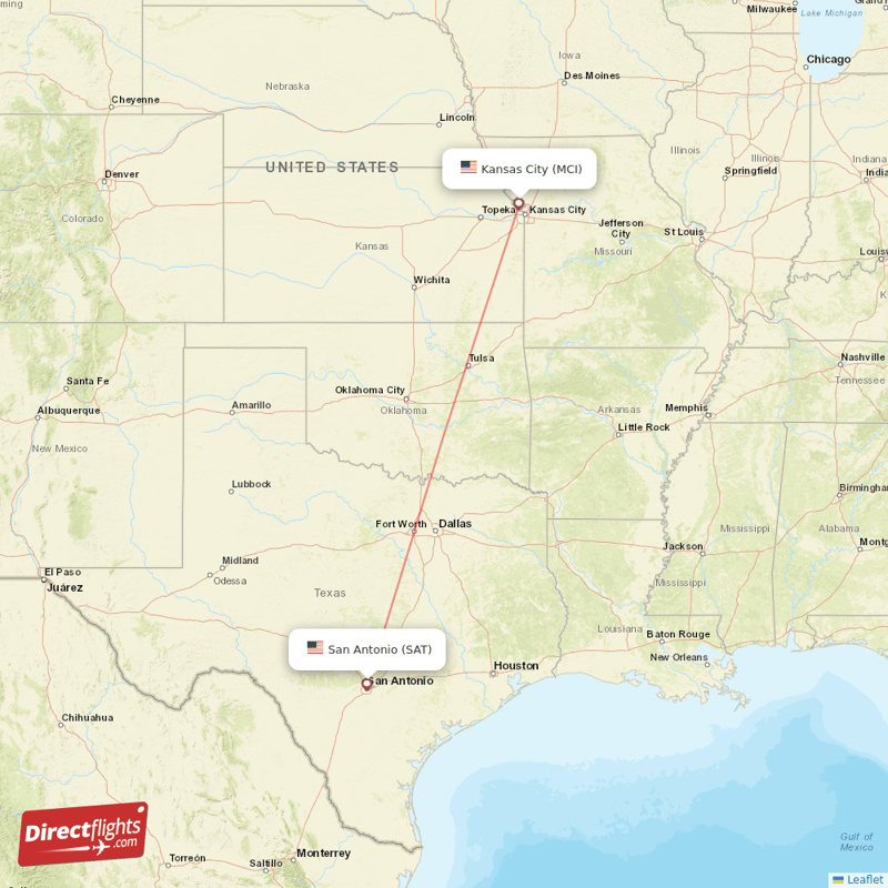 Kansas City - San Antonio direct flight map