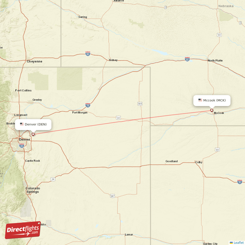 McCook - Denver direct flight map