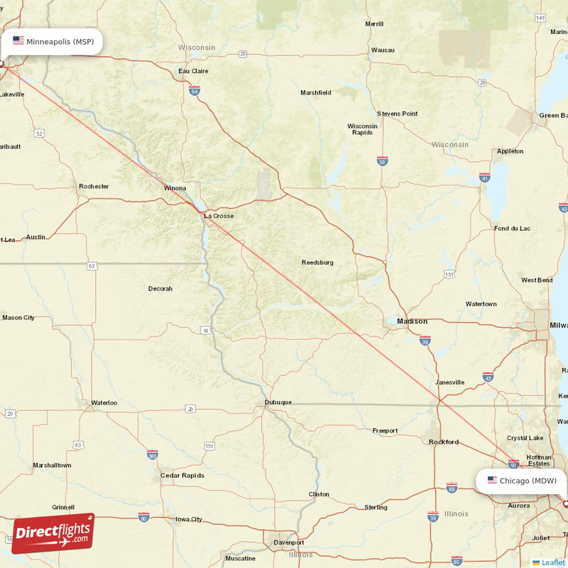 Minneapolis - Chicago direct flight map