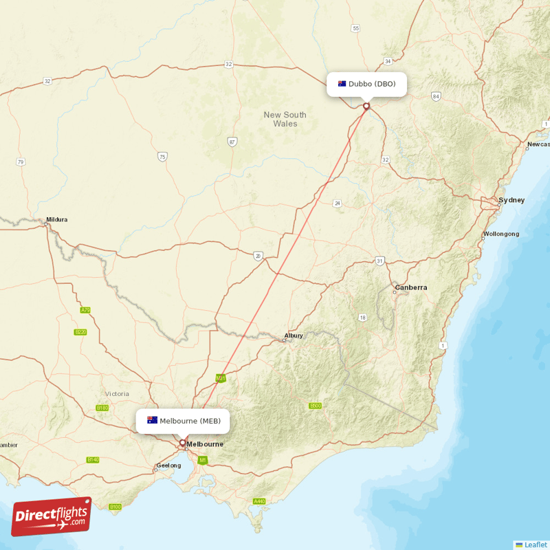 Melbourne - Dubbo direct flight map