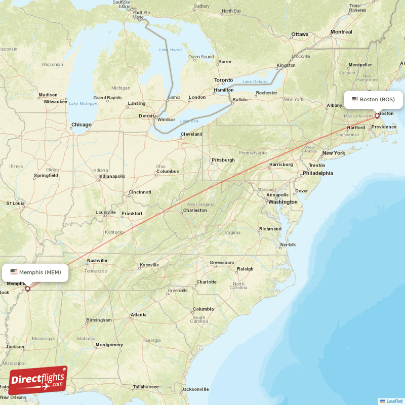 Memphis - Boston direct flight map