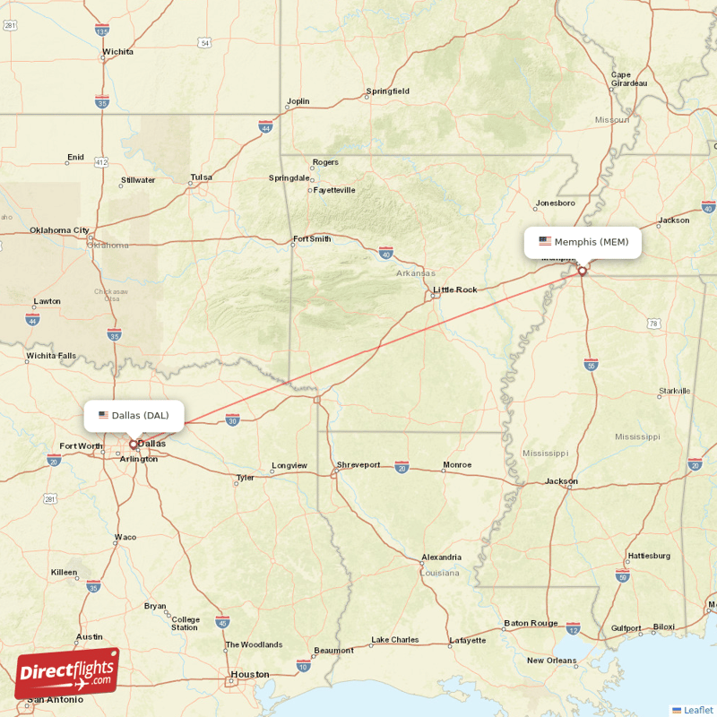 Memphis - Dallas direct flight map