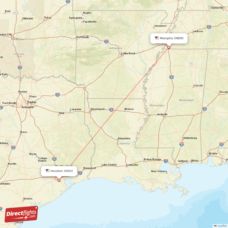 Memphis - Houston direct flight map