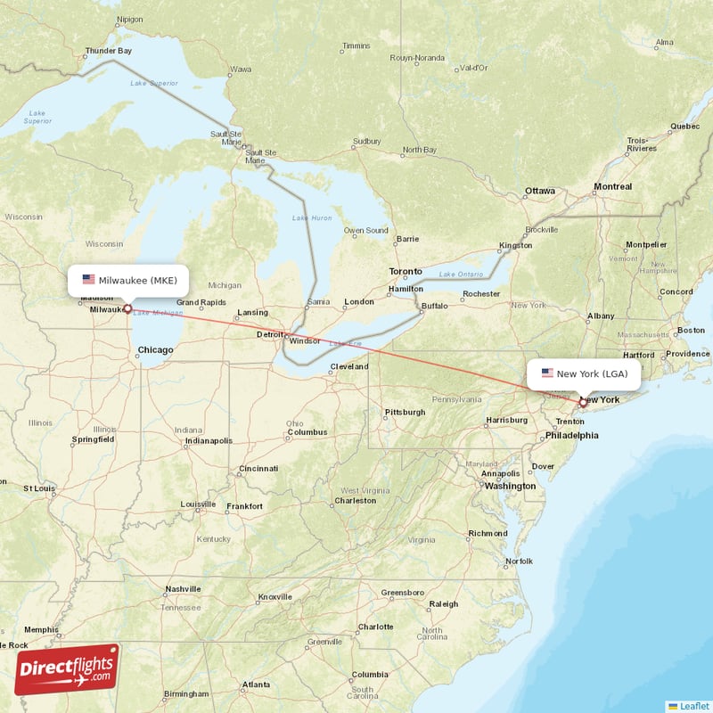 New York - Milwaukee direct flight map