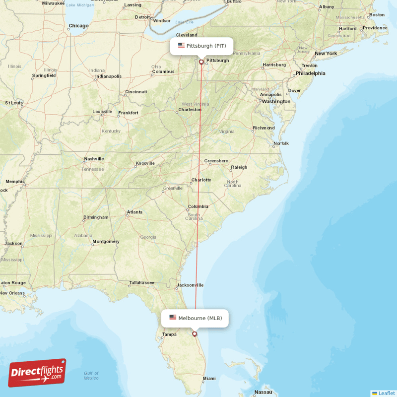 Melbourne - Pittsburgh direct flight map