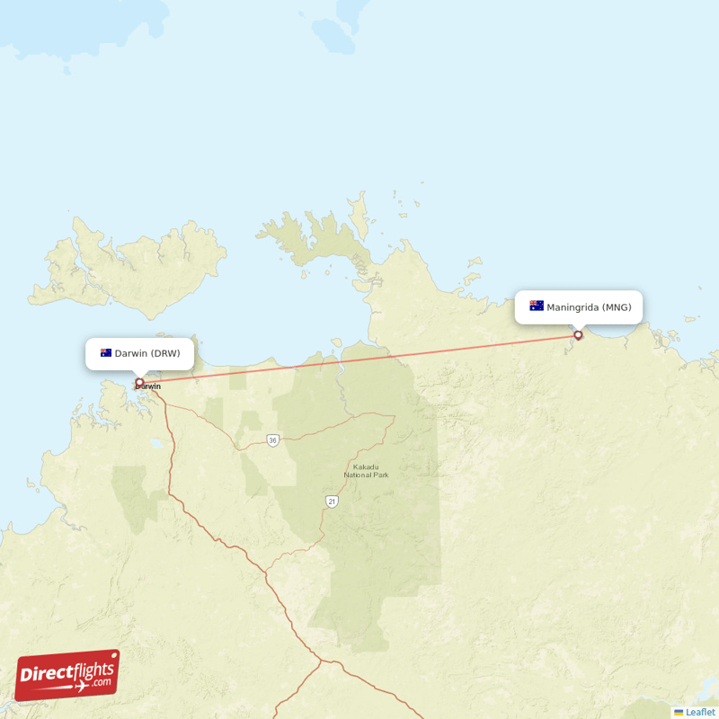 Maningrida - Darwin direct flight map