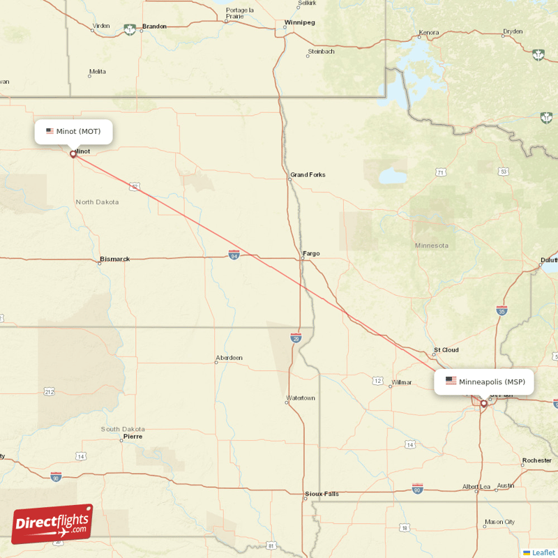 Minot - Minneapolis direct flight map