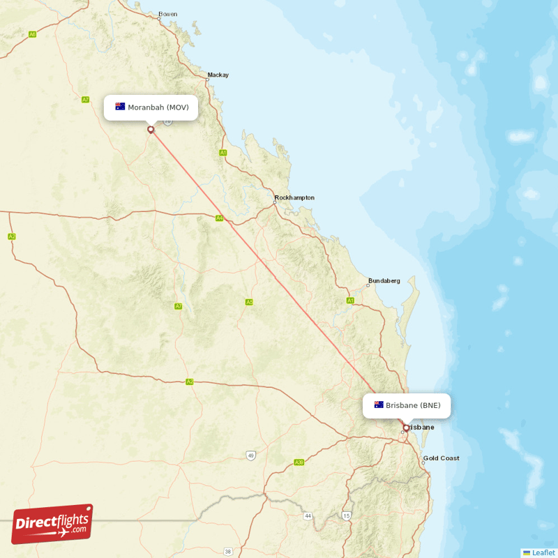 Moranbah - Brisbane direct flight map