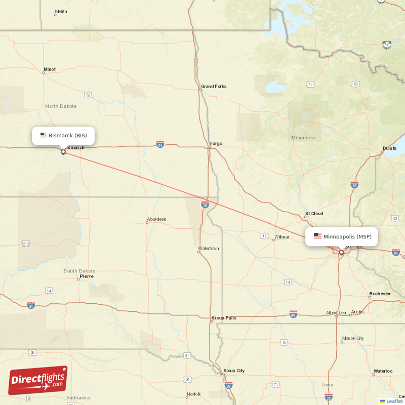 Minneapolis - Bismarck direct flight map