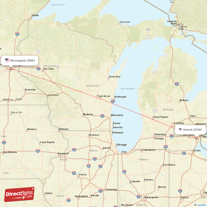 Minneapolis - Detroit direct flight map