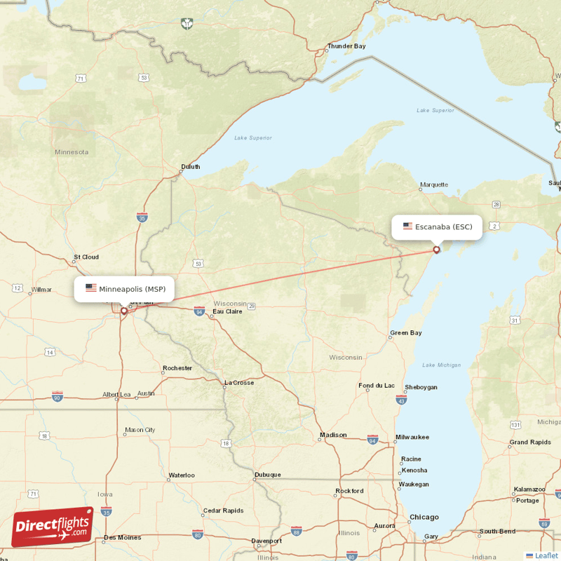 Minneapolis - Escanaba direct flight map