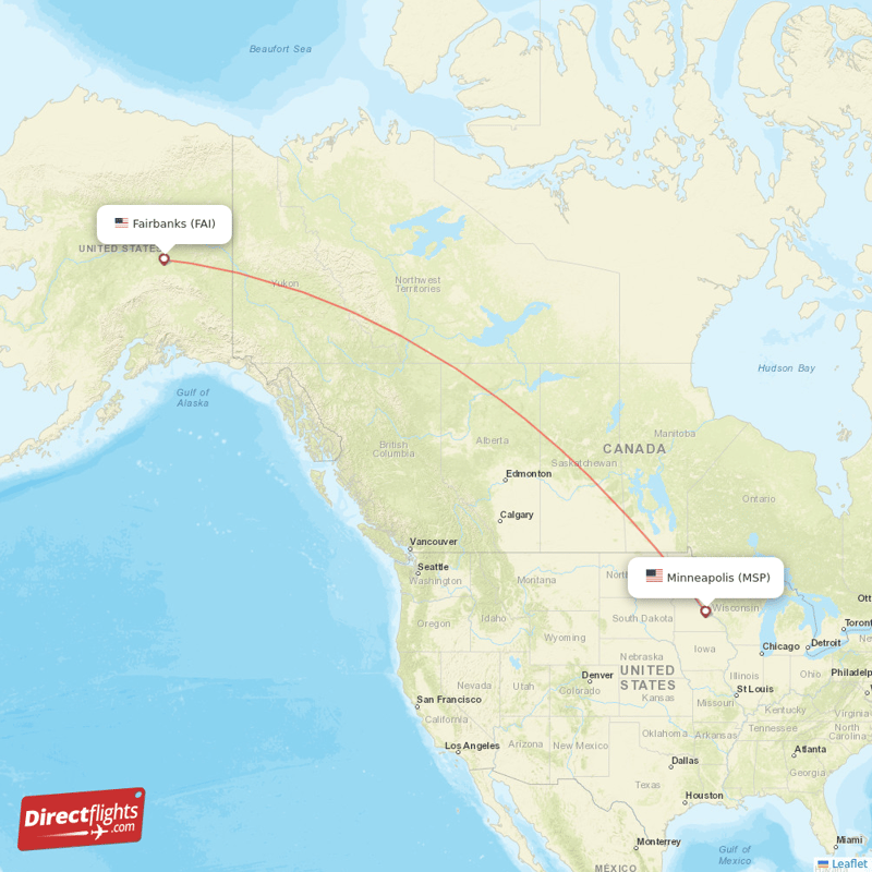 Minneapolis - Fairbanks direct flight map