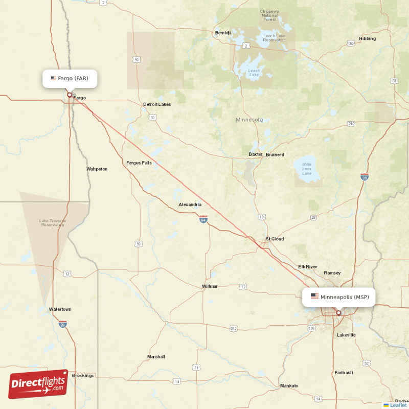 Minneapolis - Fargo direct flight map