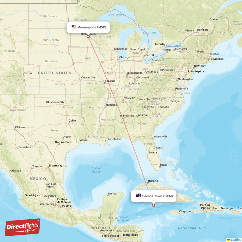 Minneapolis - Grand Cayman Island direct flight map