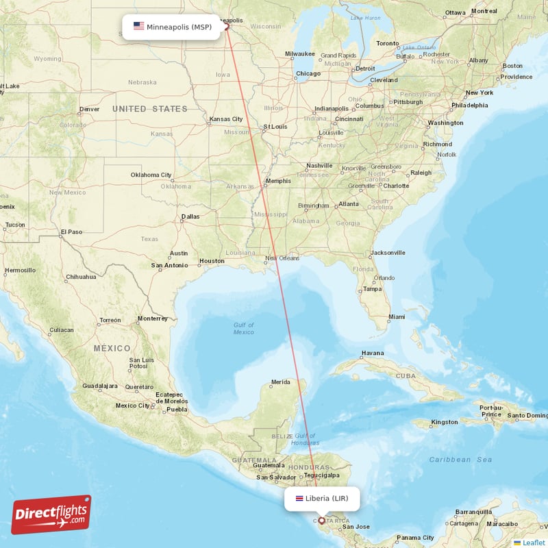 Minneapolis - Guanacaste direct flight map