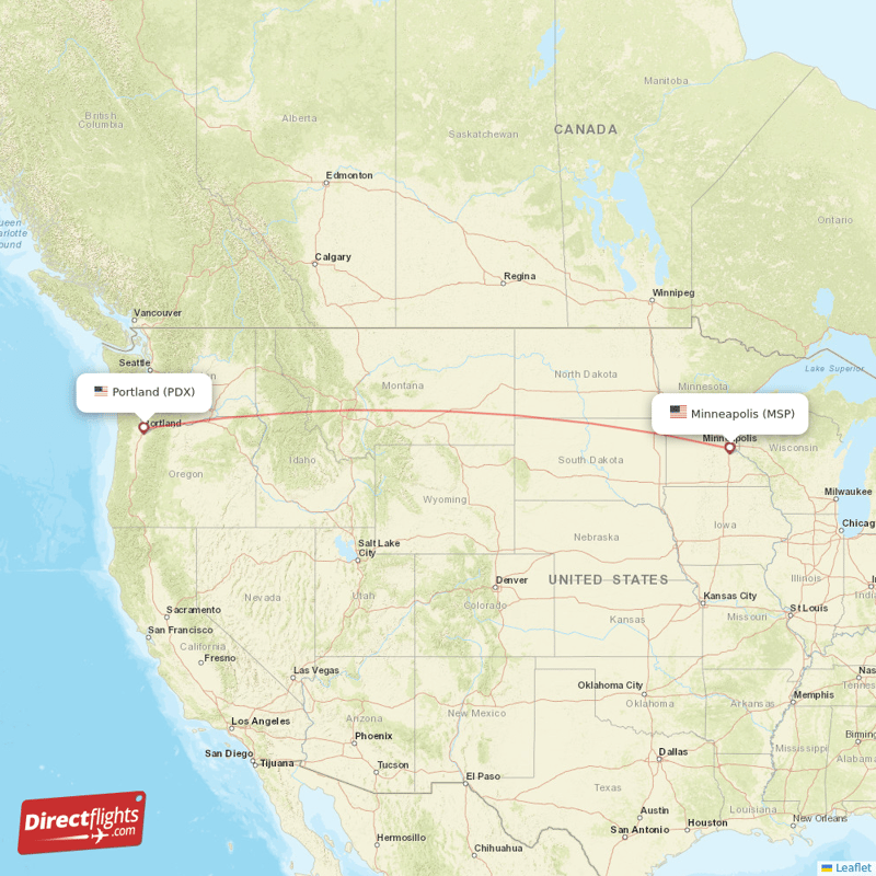 Minneapolis - Portland direct flight map